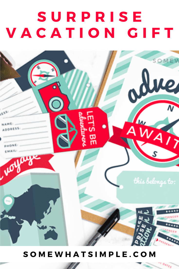 Looking to gift someone with a surprise vacation? Then we've got the perfect printables to help you make the surprise vacation reveal even more special! This easy gift idea is perfect for Christmas, a birthday, anniversary or any other special occasion. via @somewhatsimple