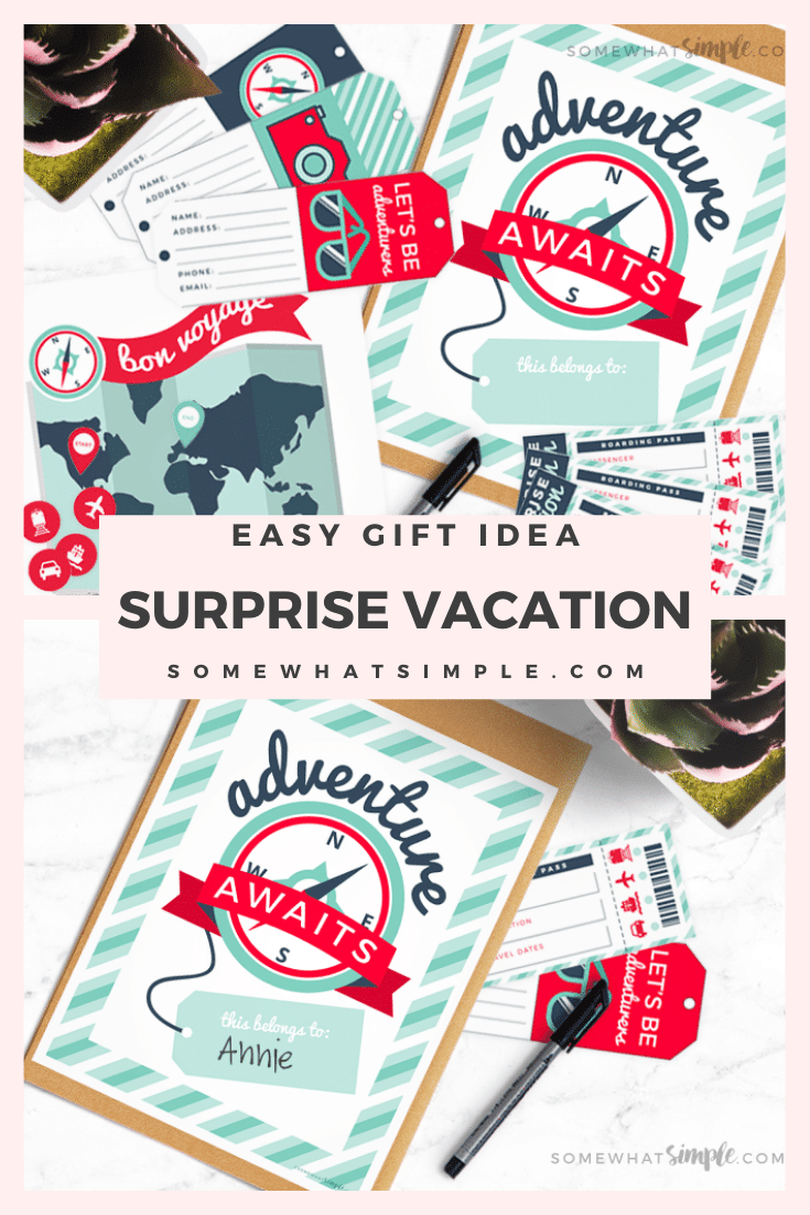 Looking to gift someone with a surprise vacation? Then we've got the perfect printables to help you make the surprise vacation reveal even more special! This easy gift idea is perfect for Christmas, a birthday, anniversary or any other special occasion. via @somewhatsimple