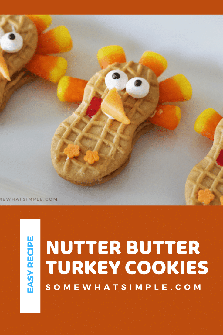 These cute Nutter Butter turkey cookies are the perfect Thanksgiving treats that your kids can help you make!  They're easy to make and taste delicious! Just grab your Nutter Butter cookies, candy corns and a couple other simple ingredients and start decorating! via @somewhatsimple