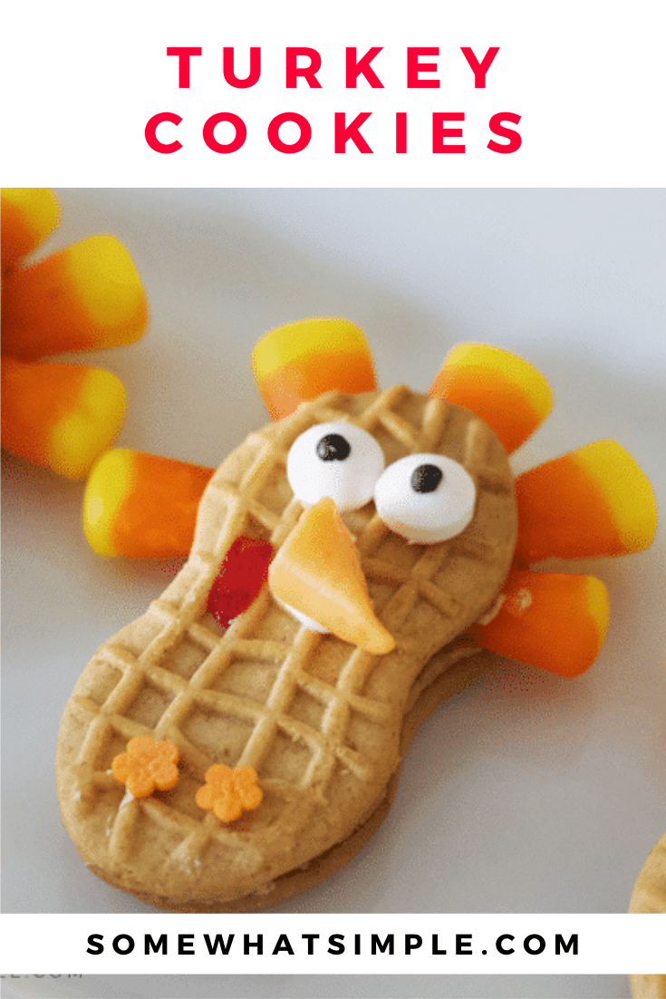 These cute Nutter Butter turkey cookies are the perfect Thanksgiving treats that your kids can help you make!  They're easy to make and taste delicious! Just grab your Nutter Butter cookies, candy corns and a couple other simple ingredients and start decorating! via @somewhatsimple