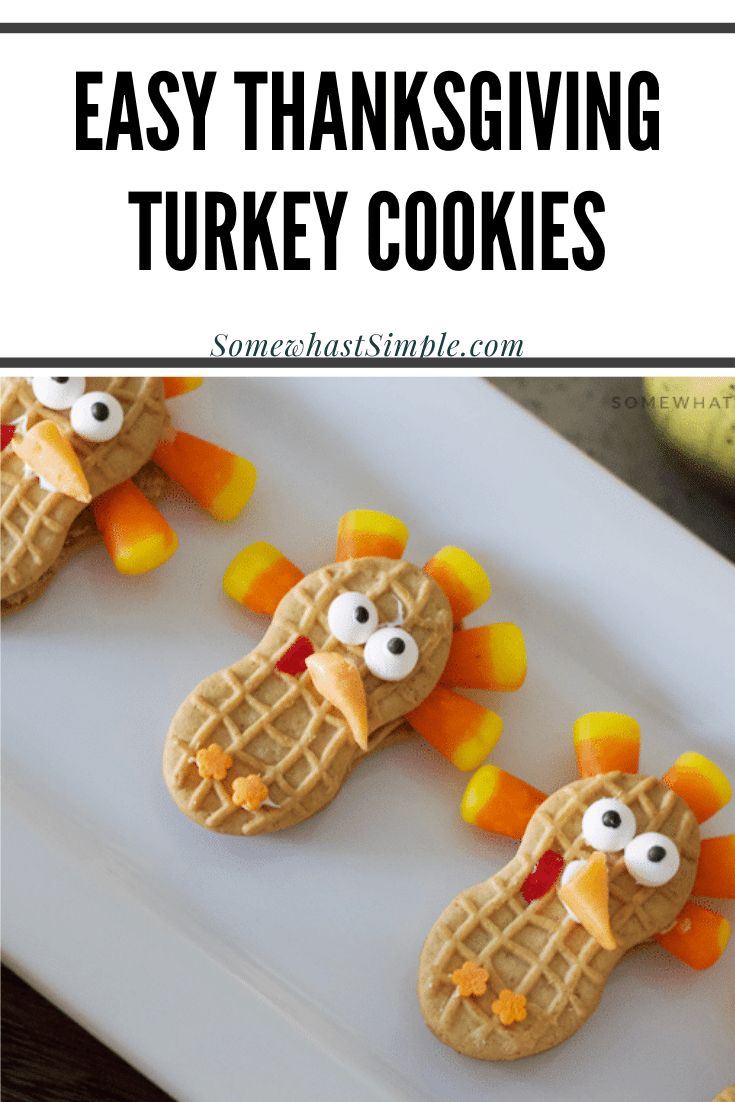 These cute Nutter Butter turkey cookies are the perfect Thanksgiving treats that your kids can help you make!  They're easy to make and taste delicious! Just grab your Nutter Butter cookies, candy corns and a couple other simple ingredients and start decorating! via @somewhatsimple