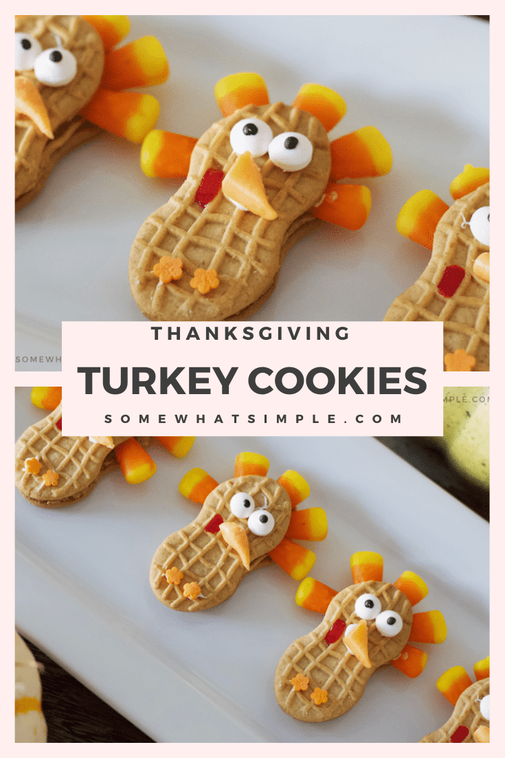 These cute Nutter Butter turkey cookies are the perfect Thanksgiving treats that your kids can help you make!  They're easy to make and taste delicious! Just grab your Nutter Butter cookies, candy corns and a couple other simple ingredients and start decorating! via @somewhatsimple