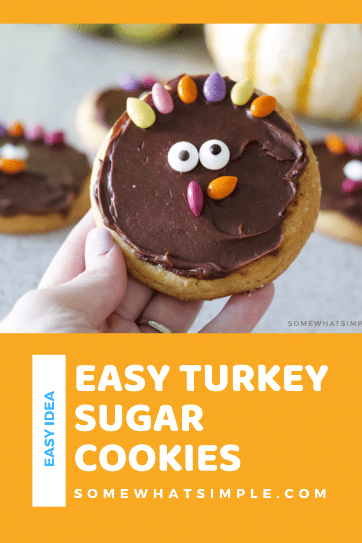 Turkey sugar cookies are a simple treat your little Thanksgiving guests are sure to enjoy!  This easy cookie idea is a fun way to celebrate the holiday. You start with your favorite sugar cookie (store bought or made from scratch) and then decorate them to look like an adorable turkey. It's the most festive Thanksgiving cookie recipe you'll ever make! via @somewhatsimple