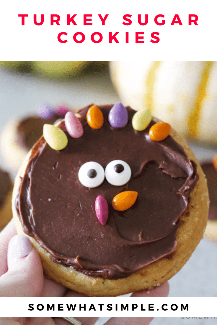 Turkey sugar cookies are a simple treat your little Thanksgiving guests are sure to enjoy!  This easy cookie idea is a fun way to celebrate the holiday. You start with your favorite sugar cookie (store bought or made from scratch) and then decorate them to look like an adorable turkey. It's the most festive Thanksgiving cookie recipe you'll ever make! via @somewhatsimple
