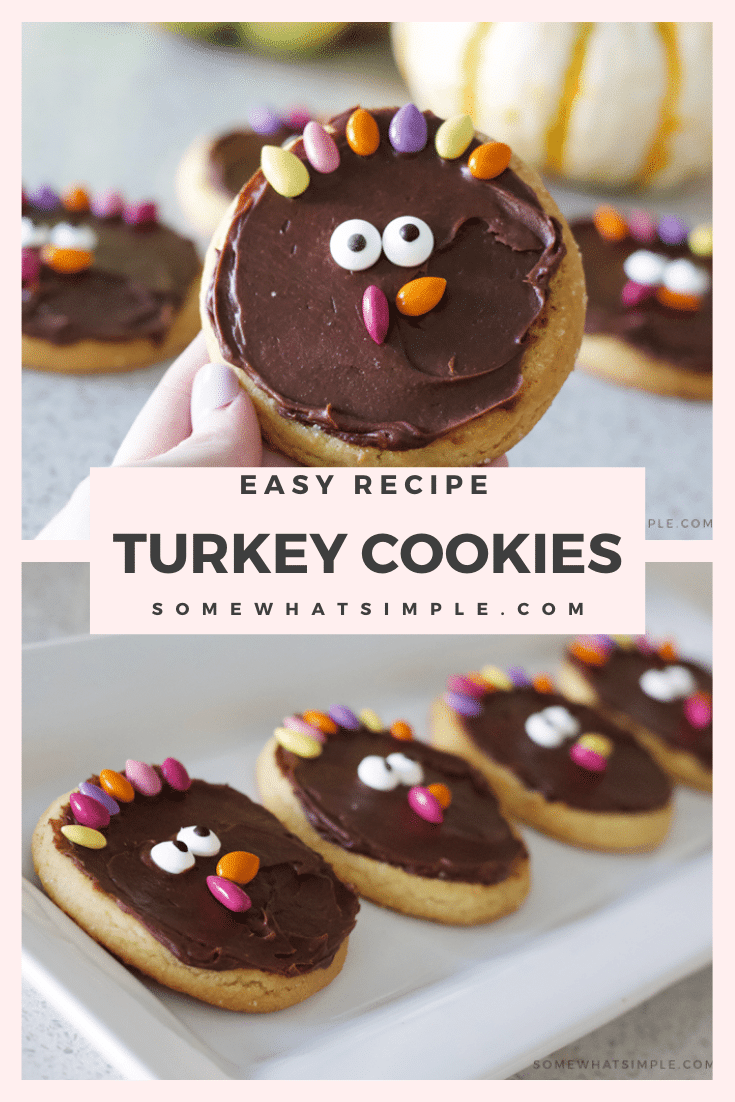 Turkey sugar cookies are a simple treat your little Thanksgiving guests are sure to enjoy!  This easy cookie idea is a fun way to celebrate the holiday. You start with your favorite sugar cookie (store bought or made from scratch) and then decorate them to look like an adorable turkey. It's the most festive Thanksgiving cookie recipe you'll ever make! via @somewhatsimple