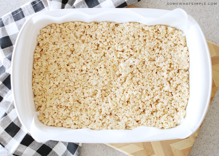 the best Rice Krispie treats in a white casserole pan