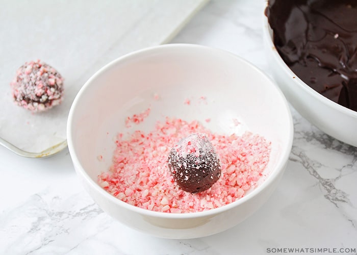 a chocolate protein ball in a bowl of crushed candy canes