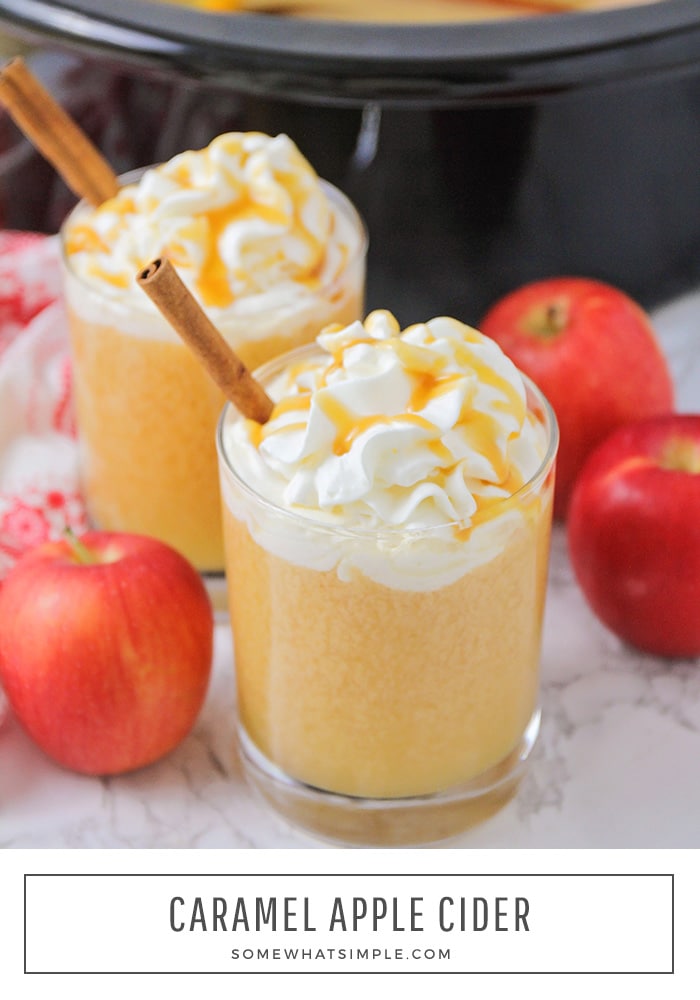 Caramel Apple Cider is a delicious twist on a favorite holiday drink. It's sweet and fragrant, and with just 5 ingredients tossed in the slow-cooker, it couldn't be any easier to make.  #appleciderrecipe #slowcookerapplecider #crockpotcaramelapplecider #appleciderdrinkrecipe #howtomakeappleciderinaslowcooker via @somewhatsimple