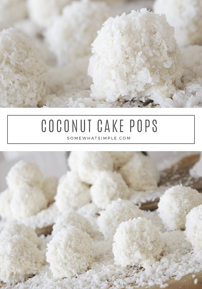 Coconut Cake Pops are tasty little treats that are simple to make! They're a fun and festive dessert that will totally please a crowd! #cakepop #cakeballs #coconut #snowballs #treats #abominable #everest via @somewhatsimple