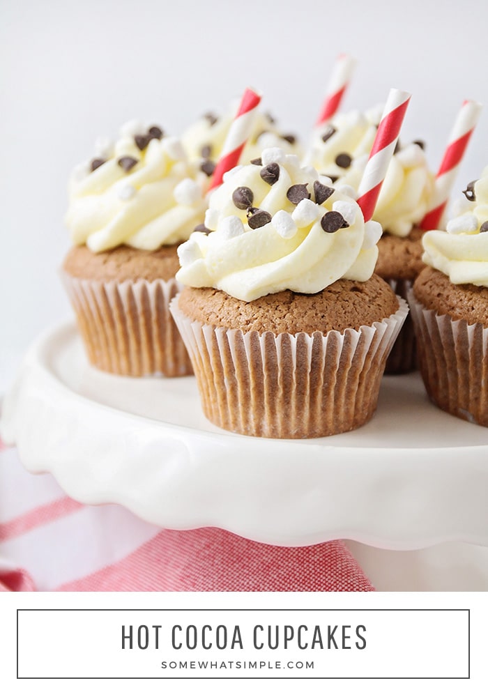 Hot cocoa cupcakes are simple and delicious.  Made using packs of hot chocolate mix they taste just like you're sipping on a cup of hot cocoa! #hotcocoacupcakes #hotchocolatecupcakes #easyhotchocolatecupcakes #hotcocoacupcakesrecipe #howtomakecupcakeswithhotchocolatemix via @somewhatsimple