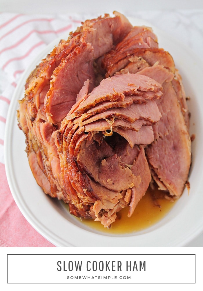 Slow cooker ham is made with just two simple ingredients and needs only takes five minutes of prep time! Topped with brown sugar, it's incredibly delicious and perfect to use for leftovers all week long! #crockpotham #slowcookerhamwithbrownsugar #howtocookhaminacrockpot #crockpothambrownsugarglaze #easyslowcookerhamrecipe via @somewhatsimple