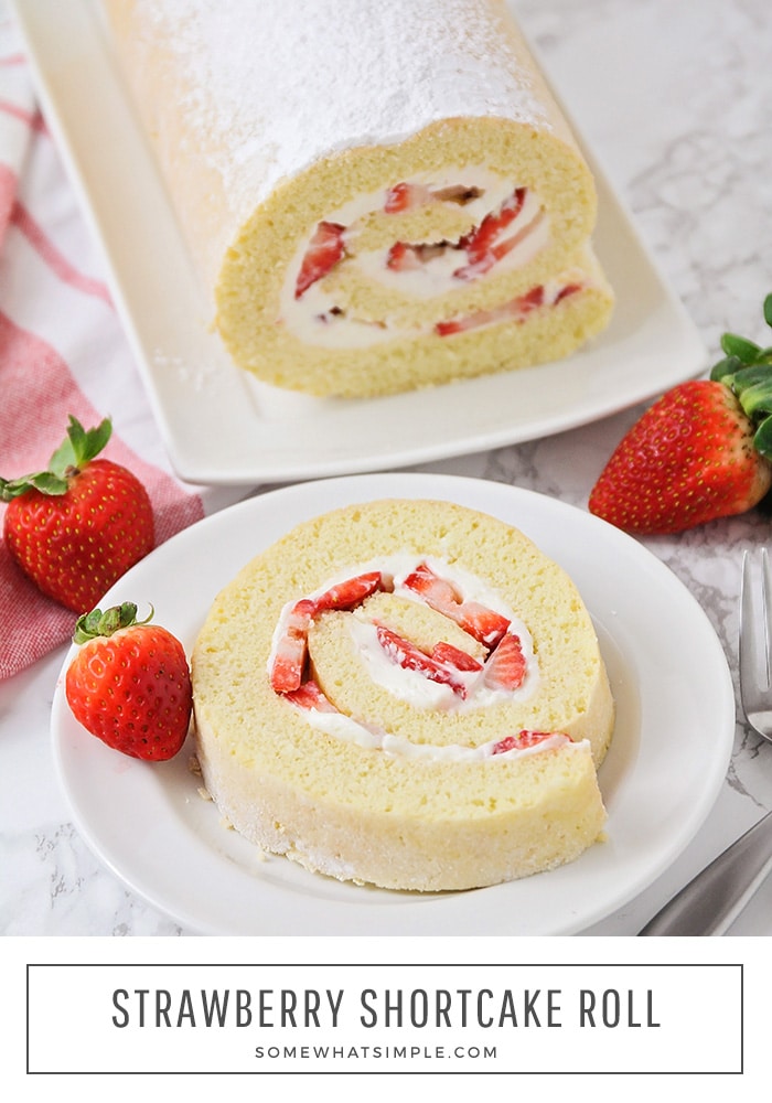 This gorgeous strawberry shortcake roll is so delicious and surprisingly simple to make. Filled with fresh strawberries and a delicious cream cheese frosting, it's perfect for any special occasion! #strawberryshortcakeroll #strawberryshortcakerollrecipe #howtomakearollcake #easyrollcakerecipe #strawberryshortcake via @somewhatsimple