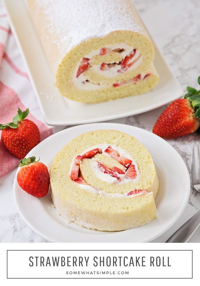 Strawberry Shortcake Roll is beautiful, delicious and surprisingly simple to make! Filled with fresh strawberries and a delicious cream cheese frosting, it's perfect for any special occasion or a lazy summer day! via @somewhatsimple