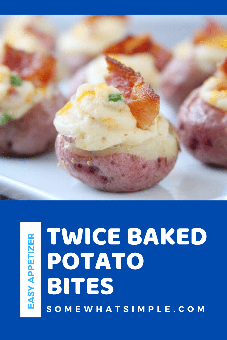 An easy potato appetizer that feeds a crowd, these twice-baked potato bites are simple to make and loaded with cheese, chives, and bacon! via @somewhatsimple