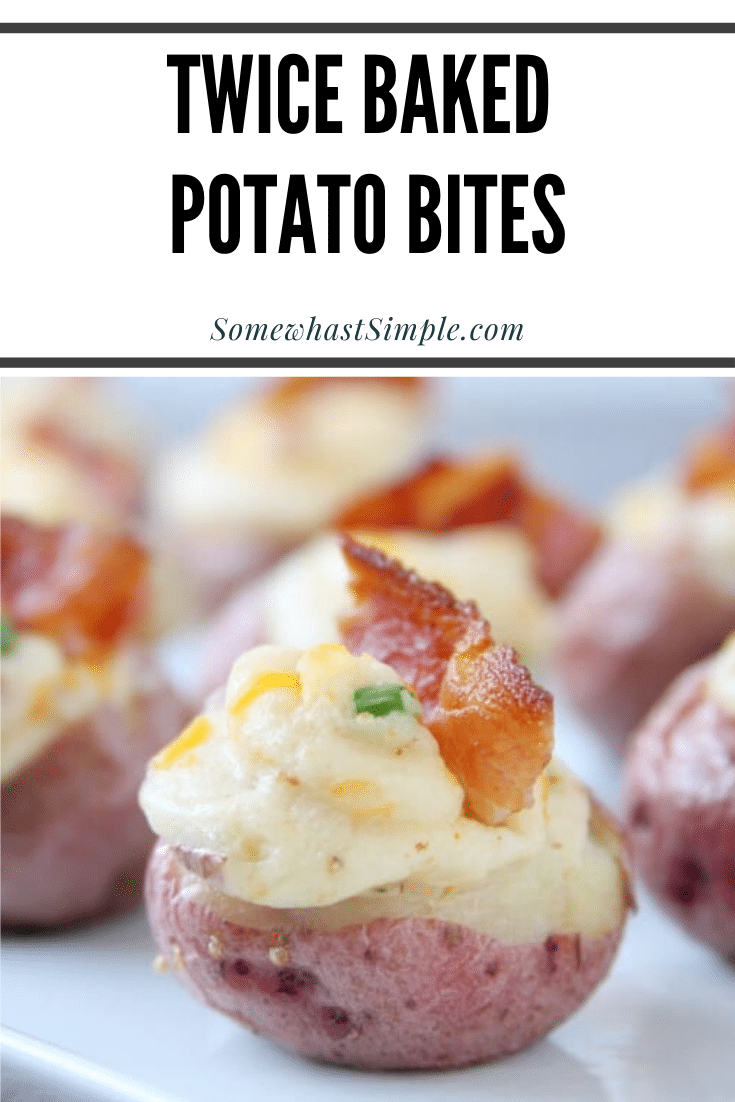 An easy potato appetizer that feeds a crowd, these twice-baked potato bites are simple to make and loaded with cheese, chives, and bacon! via @somewhatsimple