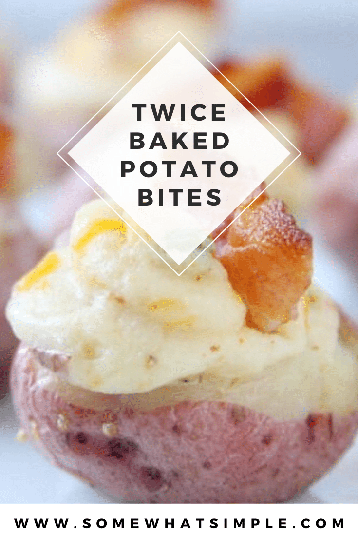 Twice Baked Potato Bites are a fun spin on an old classic. Made with mini potatoes and stuffed with a delicious filling, these make a delicious appetizer that are sure to impress your friends! #potatoappetizerrecipe #bakedpotatobites #twicebakedpotatobites #homemadepotatobites #potatobitesappetizer #easyappetizer via @somewhatsimple