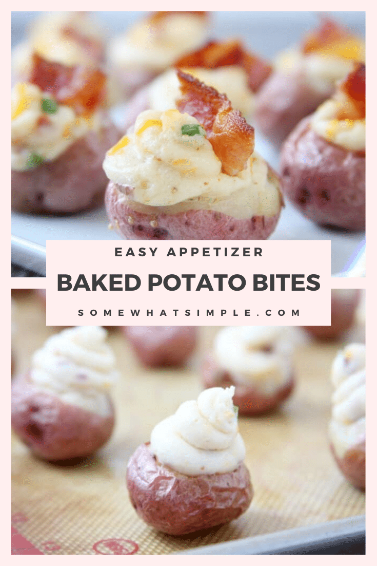 Twice Baked Potato Bites are a fun spin on an old classic. Made with mini potatoes and stuffed with a delicious filling, these make a delicious appetizer that are sure to impress your friends! #potatoappetizerrecipe #bakedpotatobites #twicebakedpotatobites #homemadepotatobites #potatobitesappetizer #easyappetizer via @somewhatsimple