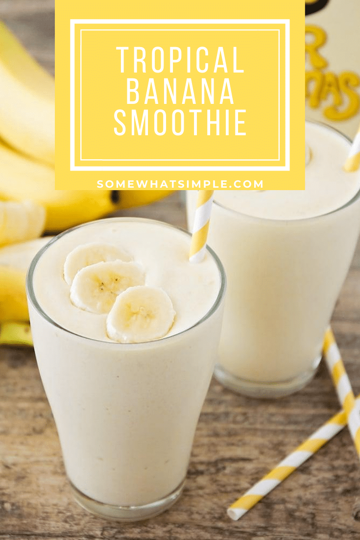 This tropical banana smoothie recipe uses only three ingredients, and is ready in under five minutes. Made with fresh fruit, it's super delicious and perfect for an easy breakfast or quick snack! #smoothies #smoothierecipes #bananasmoothie #healthyrecipes #easyrecipe via @somewhatsimple