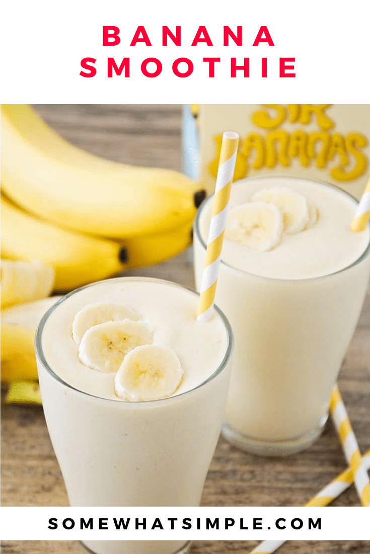 This tropical banana smoothie recipe uses only three ingredients, and is ready in under five minutes. Made with fresh fruit, it's super delicious and perfect for an easy breakfast or quick snack! #smoothies #smoothierecipes #bananasmoothie #healthyrecipes #easyrecipe via @somewhatsimple