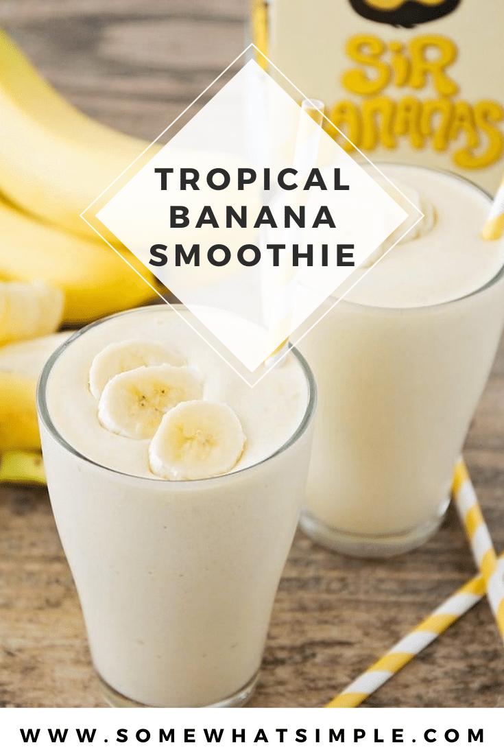 This tropical banana smoothie recipe uses only three ingredients and is ready in under five minutes. Made with fresh fruit, it's super delicious and perfect for an easy breakfast or quick snack! via @somewhatsimple