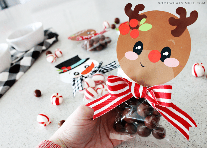 a treat bag filled with candy and a reindeer bag topper