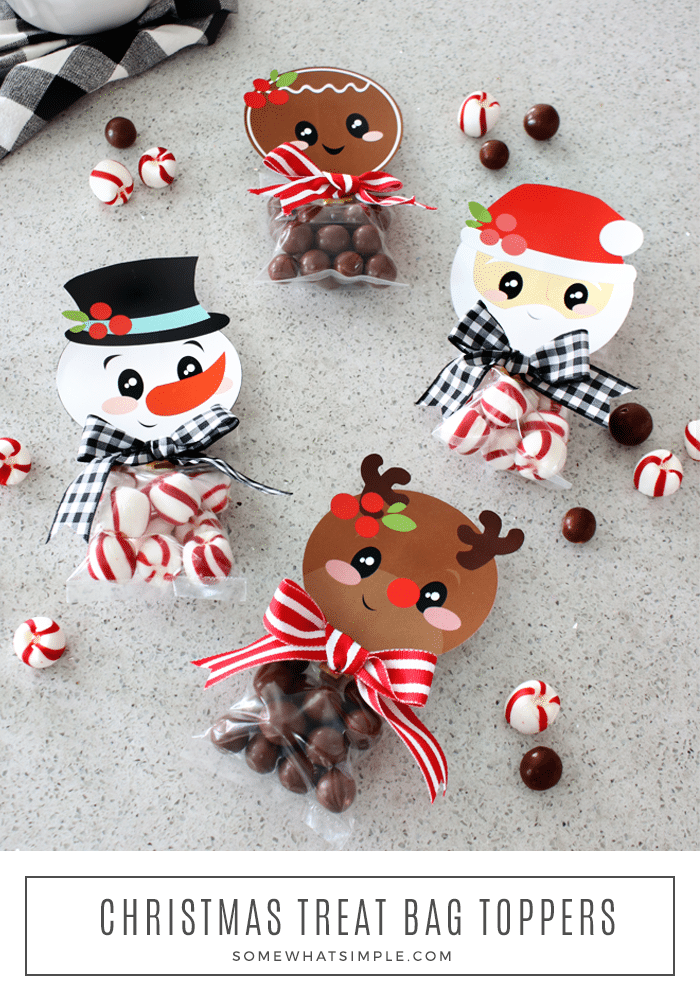 These Christmas treat bag toppers are a simple way to spread some Christmas cheer!  Just fill your treat bags with your favorite candy, cookie or other treat and hand them out this holiday season. #christmasgiftidea #christmastreatbagprintable #treatbagtopperpintable #snowmantreatbagtopper #gingerbreadmantreatbagtopper via @somewhatsimple