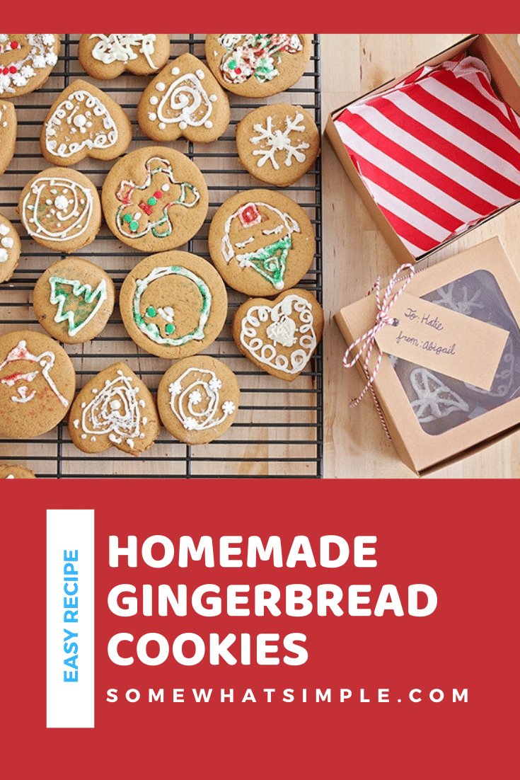 Spread some holiday cheer by making some easy gingerbread cookies. These homemade cookies are soft, simple to make, and make the perfect holiday gift! These are the perfect cookie recipe for the Christmas season. via @somewhatsimple