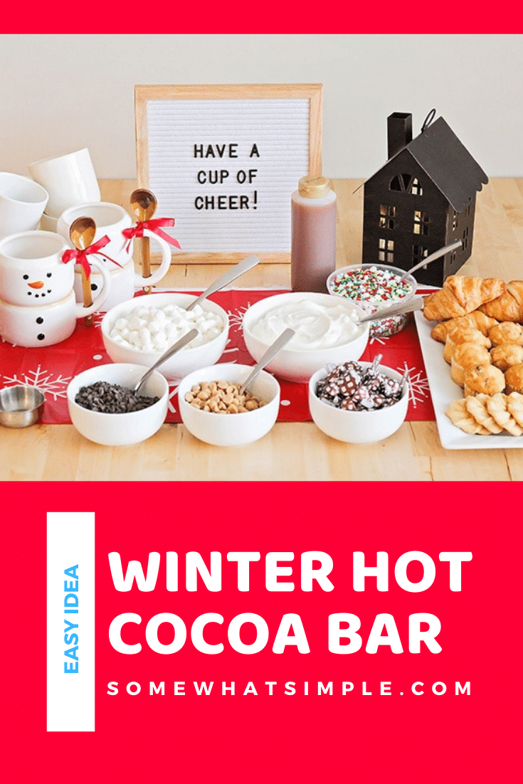 This sweet hot cocoa bar is a fun way to celebrate the season! Set out mix-ins, serve treats on the side, and enjoy a cup of holiday cheer! It's perfect to serve at your next holiday party or set it out for the family as a Christmas treat. via @somewhatsimple