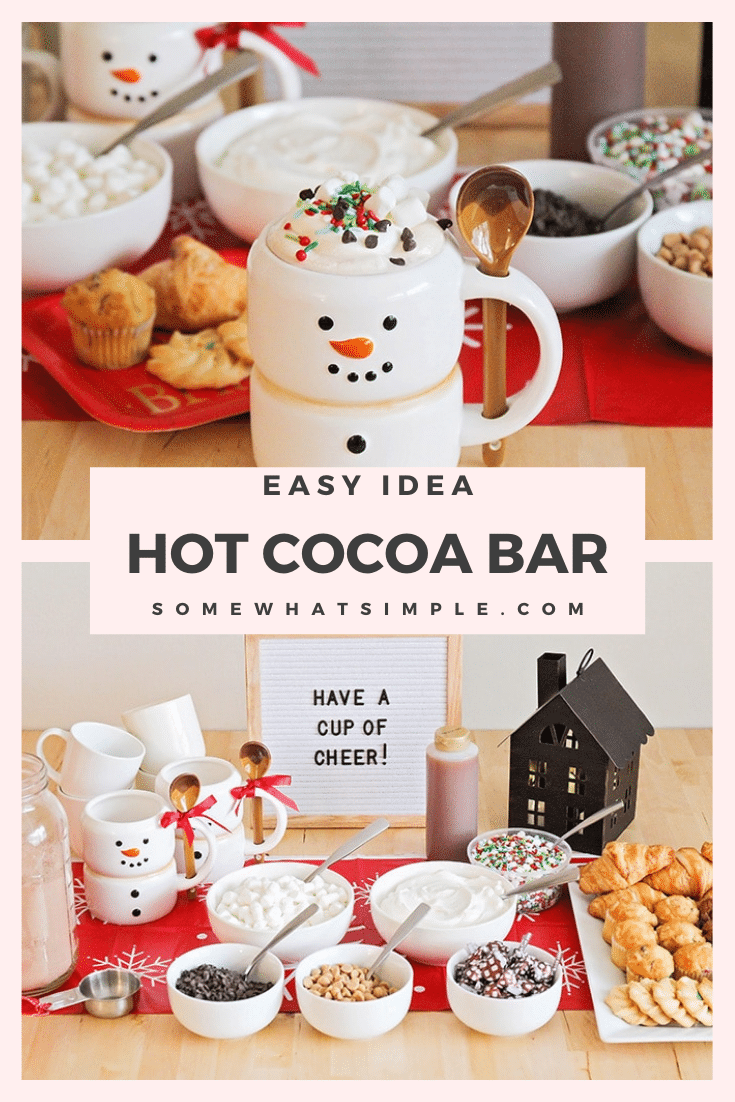 This sweet hot cocoa bar is a fun way to celebrate the season! Set out mix-ins, serve treats on the side, and enjoy a cup of holiday cheer! It's perfect to serve at your next holiday party or set it out for the family as a Christmas treat. via @somewhatsimple