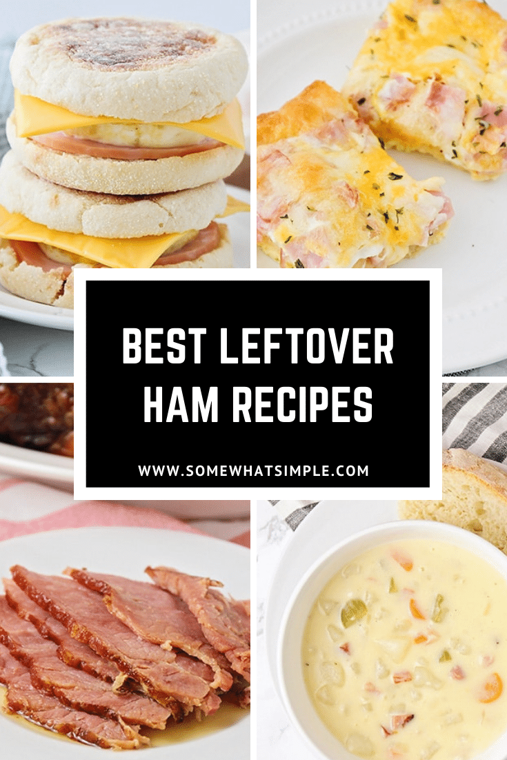 Make an easy breakfast, lunch or dinner by putting your leftover ham to good use!  If you're not sure what to do with your leftover ham, here are 10 of our favorite ham recipes that are easy to make. From dinner and breakfast ideas, to soups and sandwiches, there's a recipe everyone will love. via @somewhatsimple