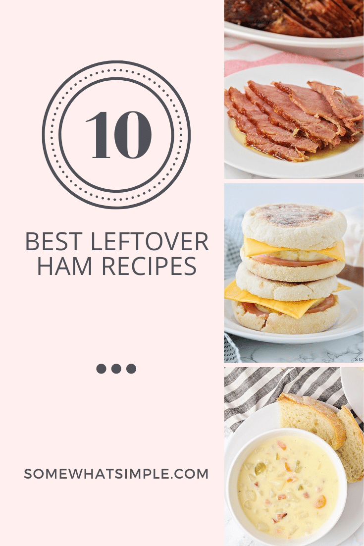 Make an easy breakfast, lunch or dinner by putting your leftover ham to good use!  If you're not sure what to do with your leftover ham, here are 10 of our favorite ham recipes that are easy to make. From dinner and breakfast ideas, to soups and sandwiches, there's a recipe everyone will love. via @somewhatsimple