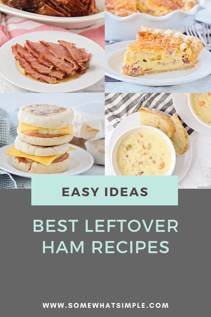 Make an easy breakfast, lunch or dinner by putting your leftover ham to good use!  If you're not sure what to do with your leftover ham, here are 10 of our favorite ham recipes that are easy to make. From dinner and breakfast ideas, to soups and sandwiches, there's a recipe everyone will love. via @somewhatsimple