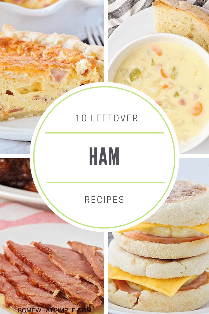 Make an easy breakfast, lunch or dinner by putting your leftover ham to good use!  If you're not sure what to do with your leftover ham, here are 10 of our favorite ham recipes that are easy to make. From dinner and breakfast ideas, to soups and sandwiches, there's a recipe everyone will love. via @somewhatsimple