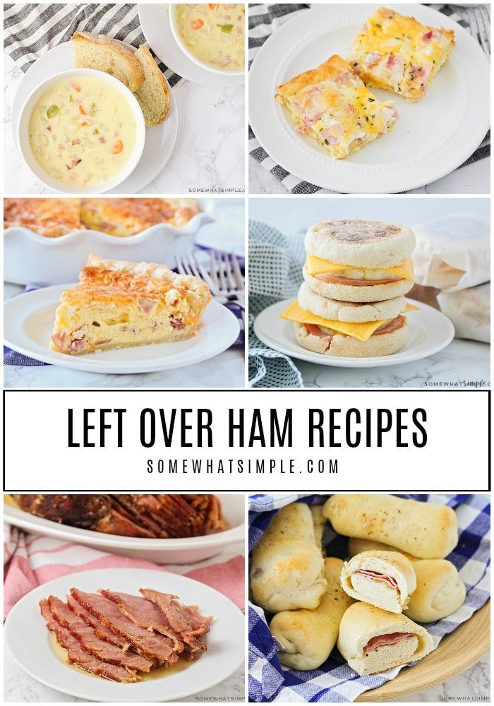 Make an easy breakfast, lunch or dinner by putting your leftover ham to good use!  If you're not sure what to do with your leftover ham, here are 10 of our favorite ham recipes that are easy to make. From dinner and breakfast ideas, to soups and sandwiches, there's a recipe everyone will love. via @somewhatsimple