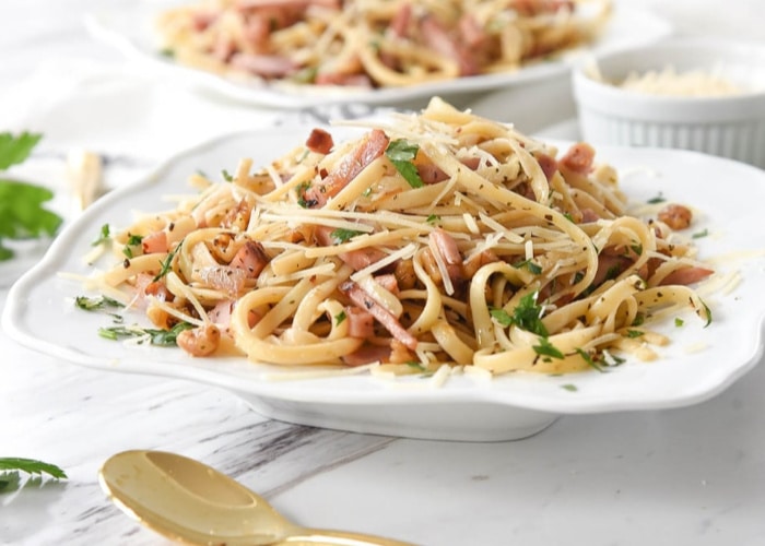 a bowl of pasta made with leftover ham