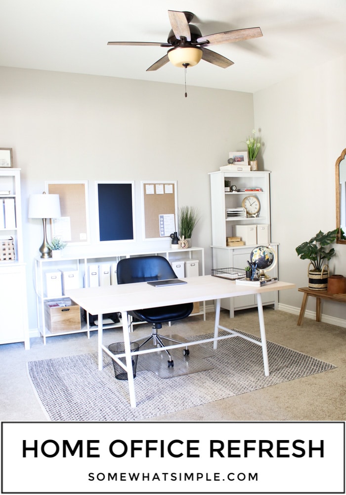 Our home office decor got a much-needed refresh to maximize space and creativity! A brand new layout and simple pieces of decor took this space from clutter and chaos to fresh and functional! #homeofficedecoronabudget #homeofficedecorideas #homeofficedecorideasformen #homeofficedecor #farmhousehomeofficedecor via @somewhatsimple