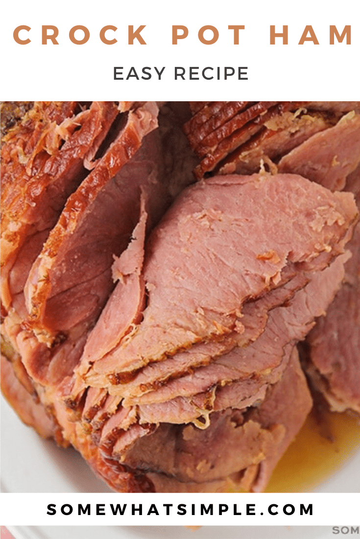 Slow cooker ham is made with just two simple ingredients and needs only takes five minutes of prep time! Topped with brown sugar, it's incredibly delicious and perfect to use for leftovers all week long! #crockpotham #slowcookerhamwithbrownsugar #howtocookhaminacrockpot #crockpothambrownsugarglaze #easyslowcookerhamrecipe via @somewhatsimple