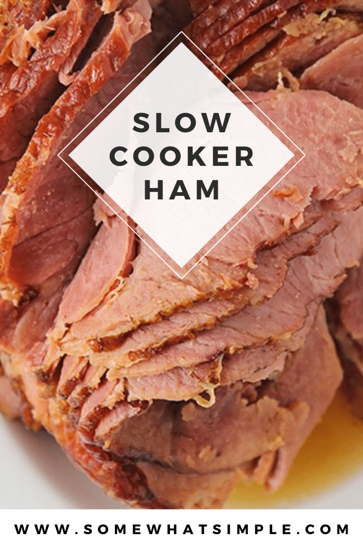 Slow cooker ham is made with just two simple ingredients and needs only takes five minutes of prep time! Topped with brown sugar, it's incredibly delicious and perfect to use for leftovers all week long! #crockpotham #slowcookerhamwithbrownsugar #howtocookhaminacrockpot #crockpothambrownsugarglaze #easyslowcookerhamrecipe via @somewhatsimple