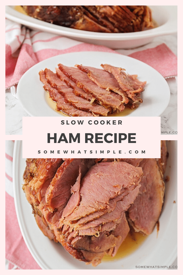 Slow cooker ham is made with just two simple ingredients and needs only takes five minutes of prep time! Topped with brown sugar, it's incredibly delicious and perfect to use for leftovers all week long! #crockpotham #slowcookerhamwithbrownsugar #howtocookhaminacrockpot #crockpothambrownsugarglaze #easyslowcookerhamrecipe via @somewhatsimple