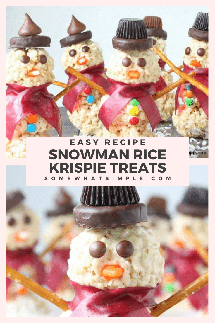 Snowman Rice Krispie treats are a fun holiday activity for kids that doubles as a tasty treat! These easy snowman treats are made with delicious peanut butter cups, M&M's, and other delicious candies that everyone is sure to love! via @somewhatsimple