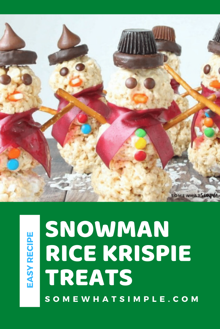 Snowman Rice Krispie treats are a fun holiday activity for kids that doubles as a tasty treat! These easy snowman treats are made with delicious peanut butter cups, M&M's, and other delicious candies that everyone is sure to love! via @somewhatsimple