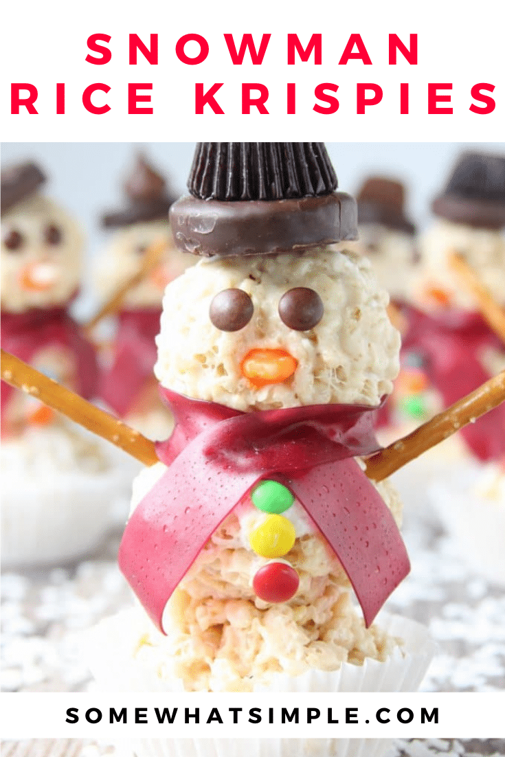 Snowman Rice Krispie treats are a fun holiday activity for kids that doubles as a tasty treat!  These easy snowman treats are made with delicious peanut butter cups, m&ms and other delicious candies that everyone is sure to love! They're the perfect winter treat to enjoy during the Christmas season. via @somewhatsimple