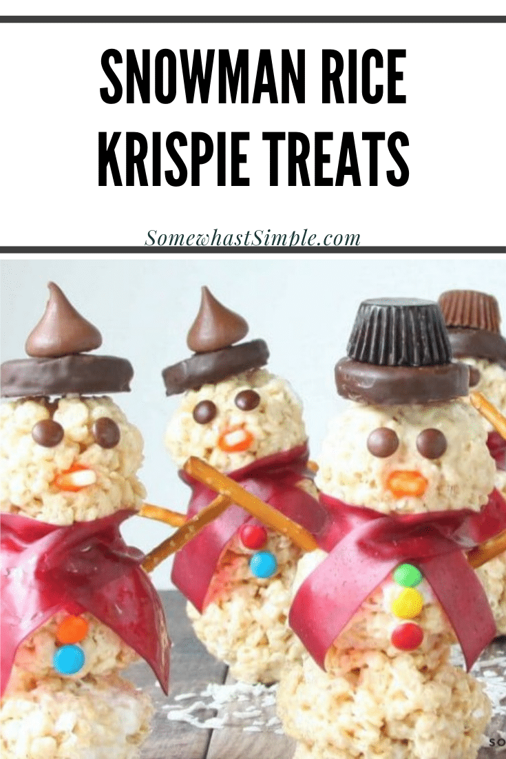 Snowman Rice Krispie treats are a fun holiday activity for kids that doubles as a tasty treat!  These easy snowman treats are made with delicious peanut butter cups, m&ms and other delicious candies that everyone is sure to love! They're the perfect winter treat to enjoy during the Christmas season. via @somewhatsimple