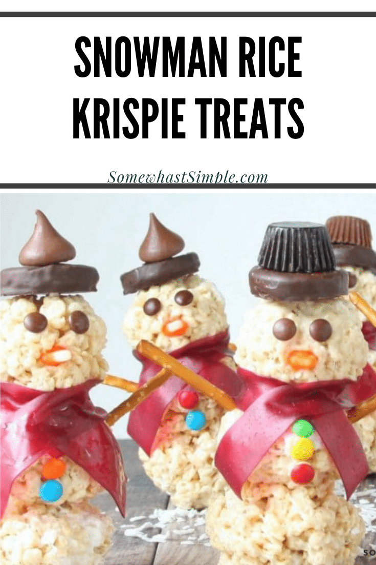 Snowman Rice Krispie treats are a fun holiday activity for kids that doubles as a tasty treat! These easy snowman treats are made with delicious peanut butter cups, M&M's, and other delicious candies that everyone is sure to love! via @somewhatsimple