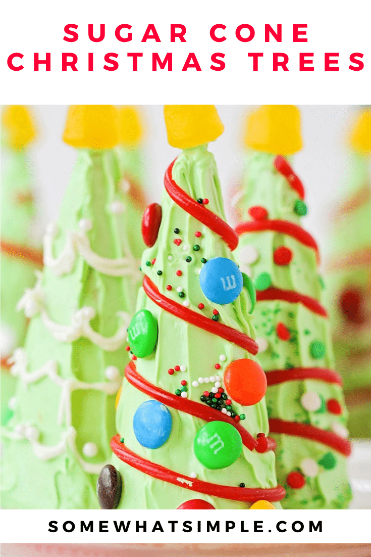 Are you looking for some Christmas treats to make with the kids this holiday season? These sugar cone Christmas trees are so fun and easy to put together, they're perfect for everyone! They're fun to make and even more fun to eat! via @somewhatsimple