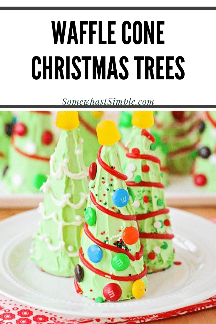 Are you looking for some Christmas treats to make with the kids this holiday season? These sugar cone Christmas trees are so fun and easy to put together, they're perfect for everyone! They're fun to make and even more fun to eat! via @somewhatsimple