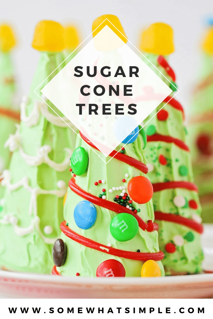 Are you looking for some Christmas treats to make with the kids this holiday season? These sugar cone Christmas trees are so fun and easy to put together, they're perfect for everyone! They're fun to make and even more fun to eat! via @somewhatsimple