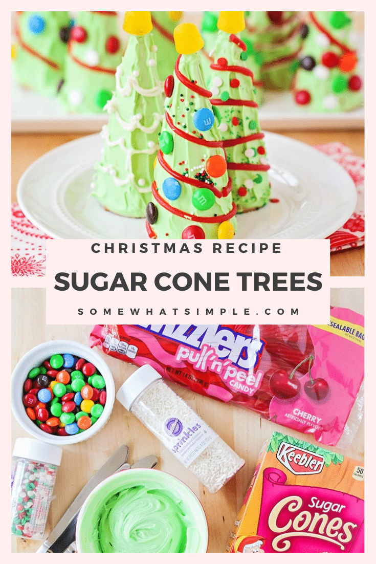 Are you looking for some Christmas treats to make with the kids this holiday season? These sugar cone Christmas trees are so fun and easy to put together, they're perfect for everyone! They're fun to make and even more fun to eat! via @somewhatsimple