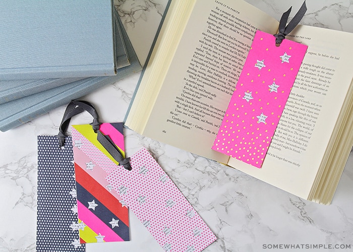 DIY Bookmarks with cardstock, book pages and ribbon