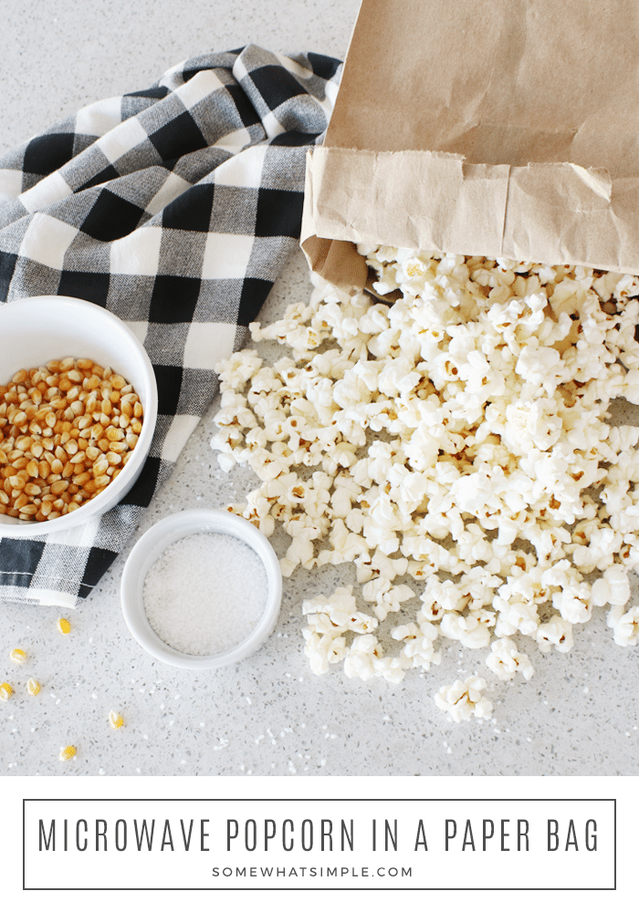 Paper Bag Popcorn is delicious, low-fat and made in the microwave using standard popping corn and a brown paper bag! #paperbagpopcorn #microwavepaperbagpopcorn #howtomakepopcorninabrownpaperbag #paperbagpopcornrecipe #howtomicrowavepopcornkernels via @somewhatsimple